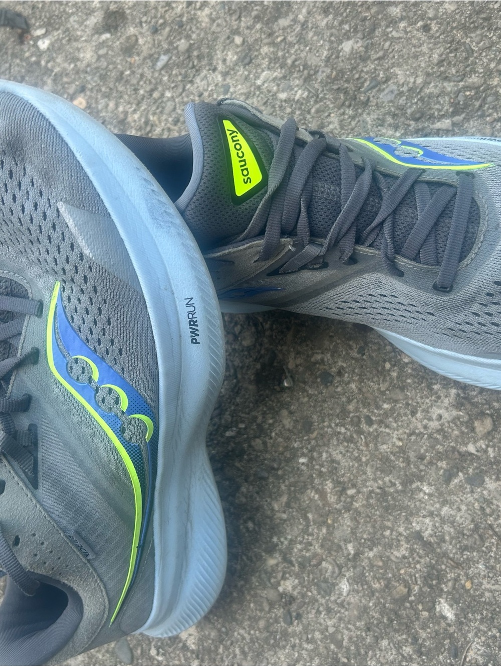 Saucony Gray Running Shoes with Neon Green and Blue Accents